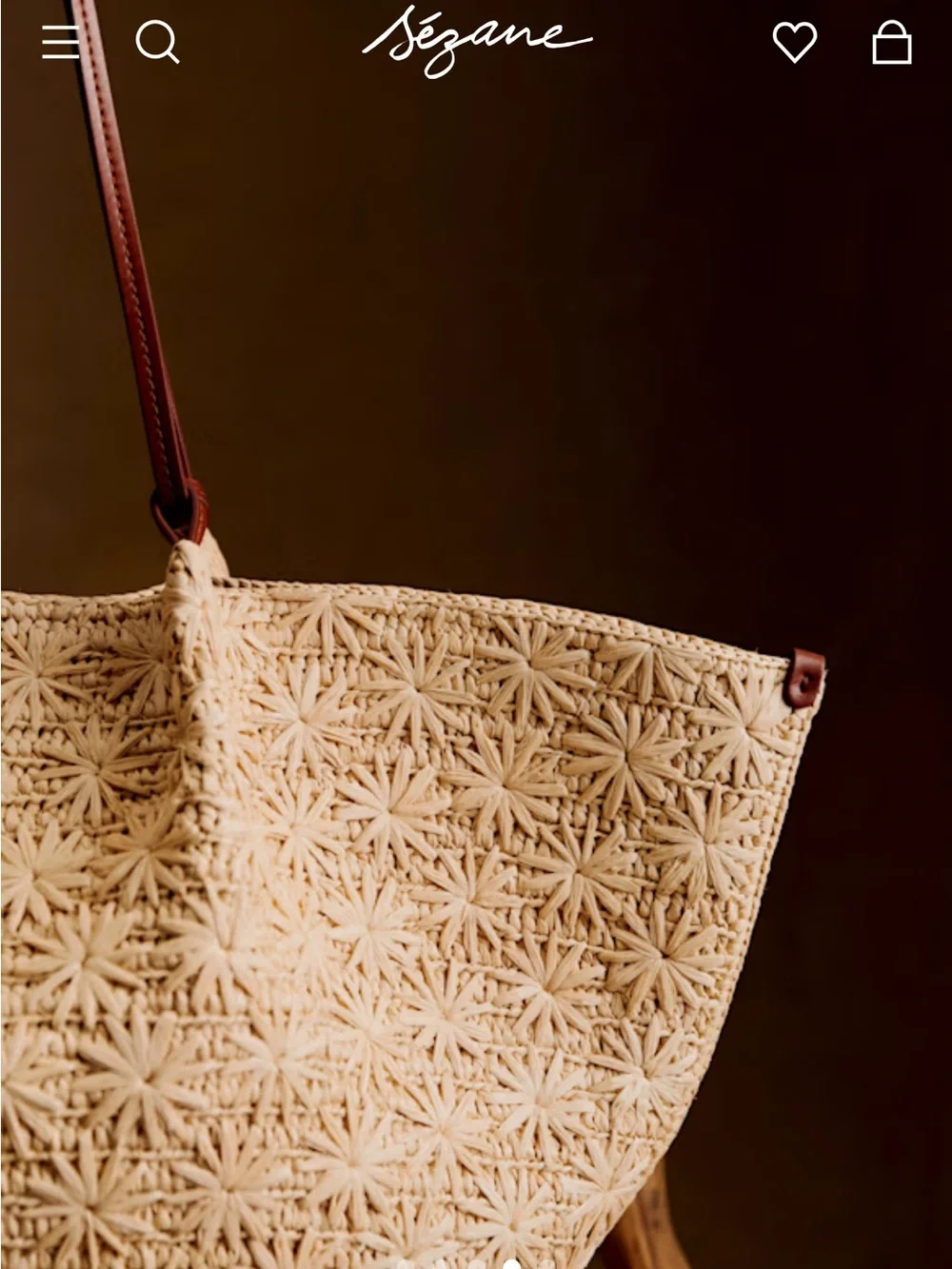 Sezane MARA BASKET in NATURAL RAFFIA EMBROIDERY tote Bag/Brown Leather Handles